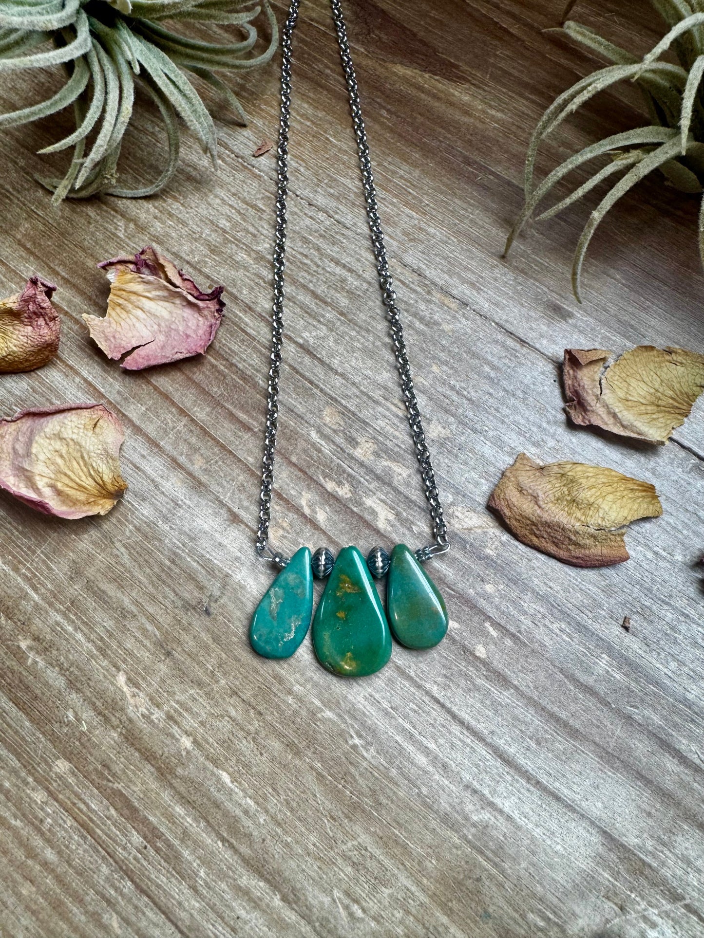 16-Inch Green Turquoise Necklace with Sterling Silver Pearls
