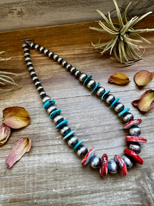 21 inch - American Rodeo Collection - 10 mm Sterling Silver Pearls, Red Spiny & Turquoise