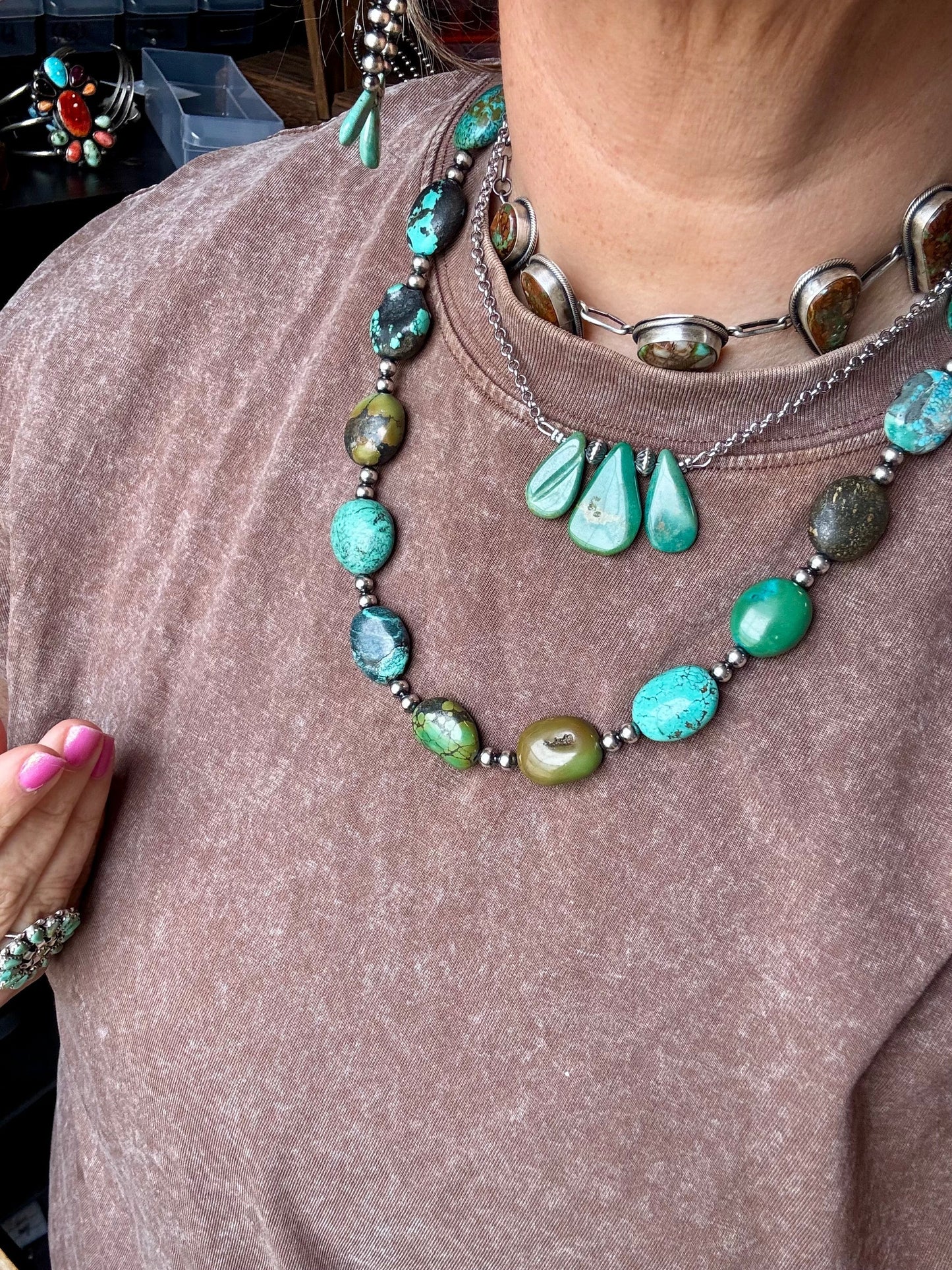 16-Inch Green Turquoise Necklace with Sterling Silver Pearls