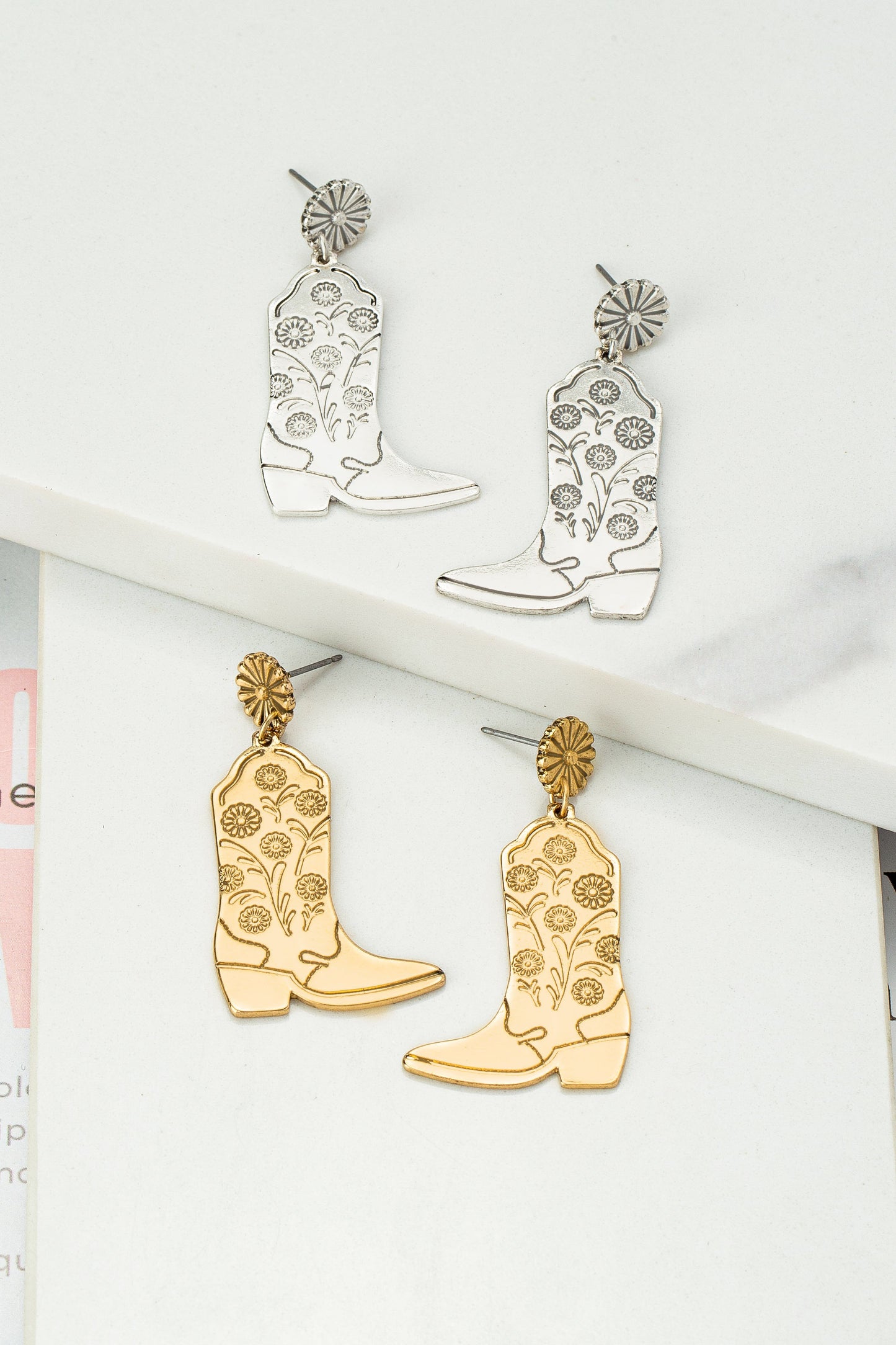 ETCHED COWBOW BOOT DROP EARRINGS