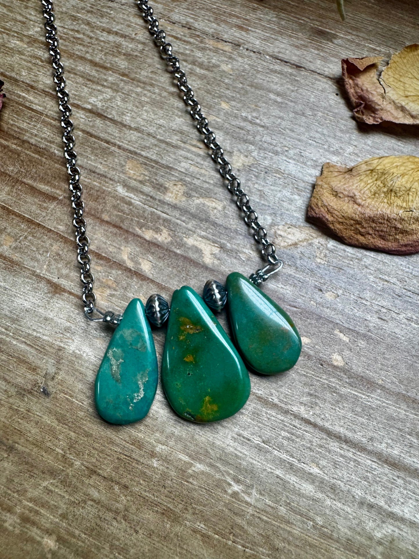 16-Inch Green Turquoise Necklace with Sterling Silver Pearls