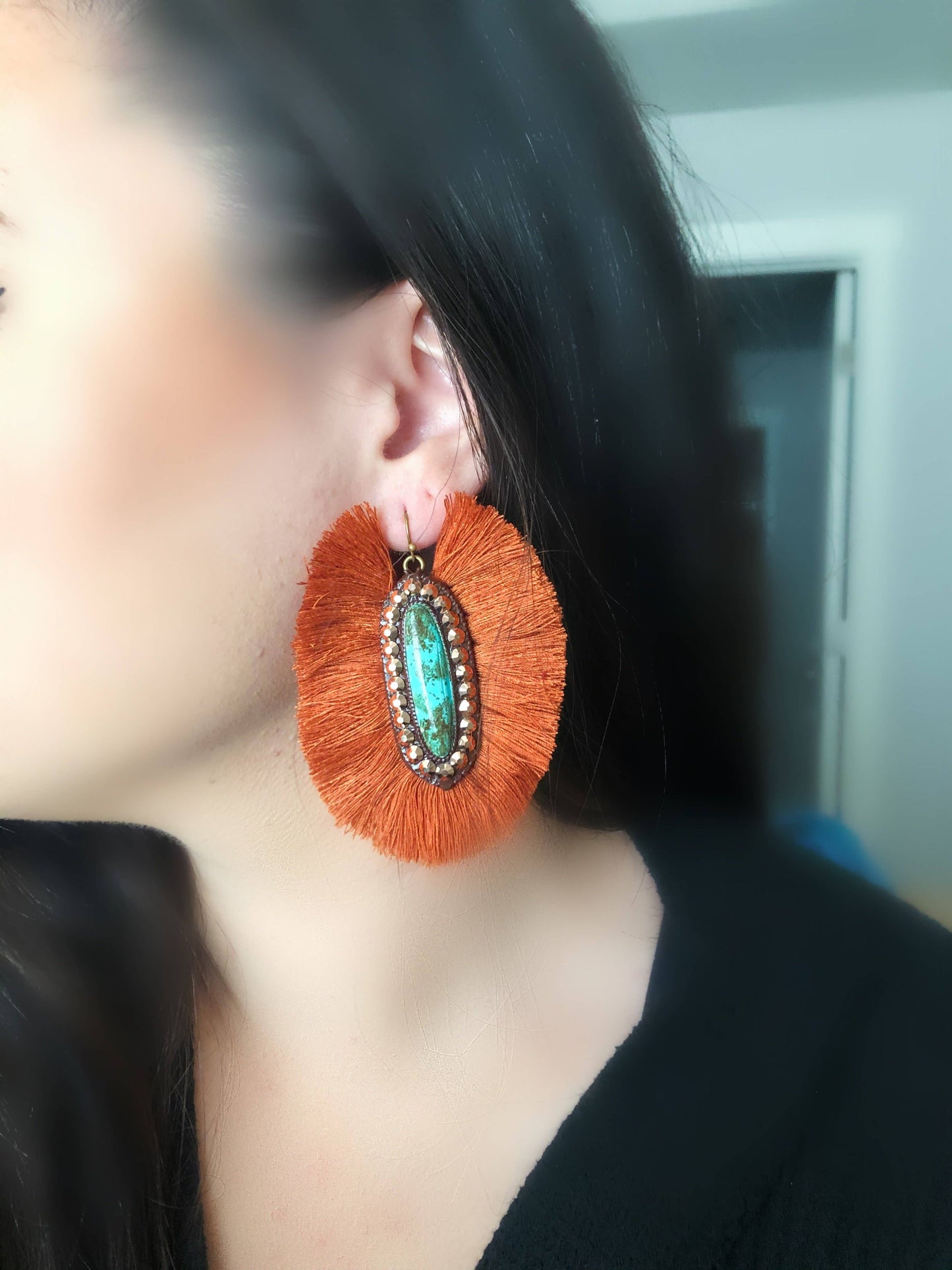 The Casper Earrings- Turquoise Stone With Rust Fringe
