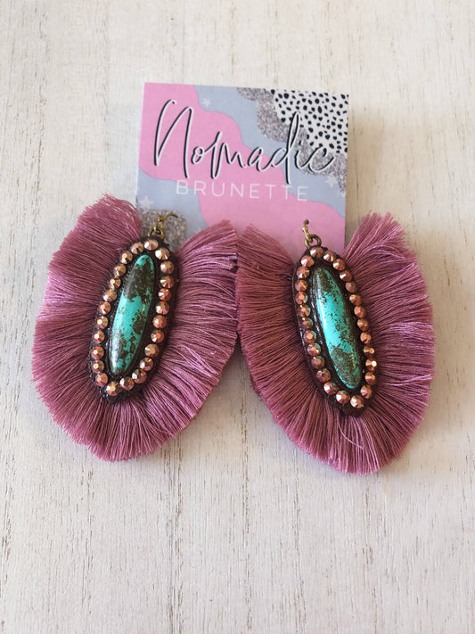 The Casper Earrings- Turquoise Stone With Mauve Fringe