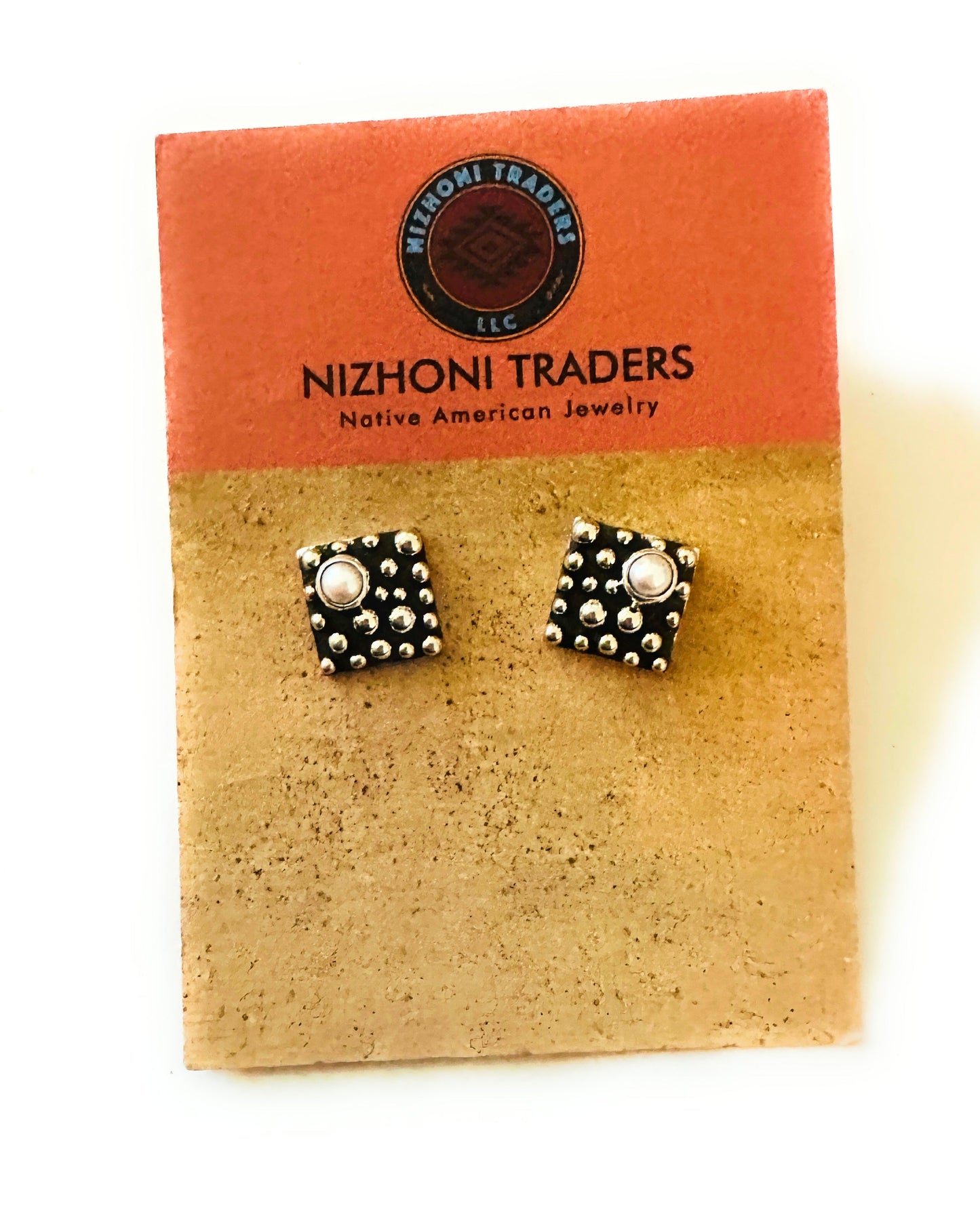 Navajo Sterling Silver & Natural Pearl Square Stud Earrings Signed