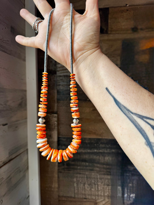 22 inch graduated orange spiny necklace with Sterling silver pearls