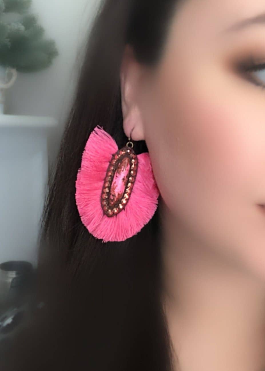 The Casper Earrings- Pink Stone With Hot Pink Fringe & Rose