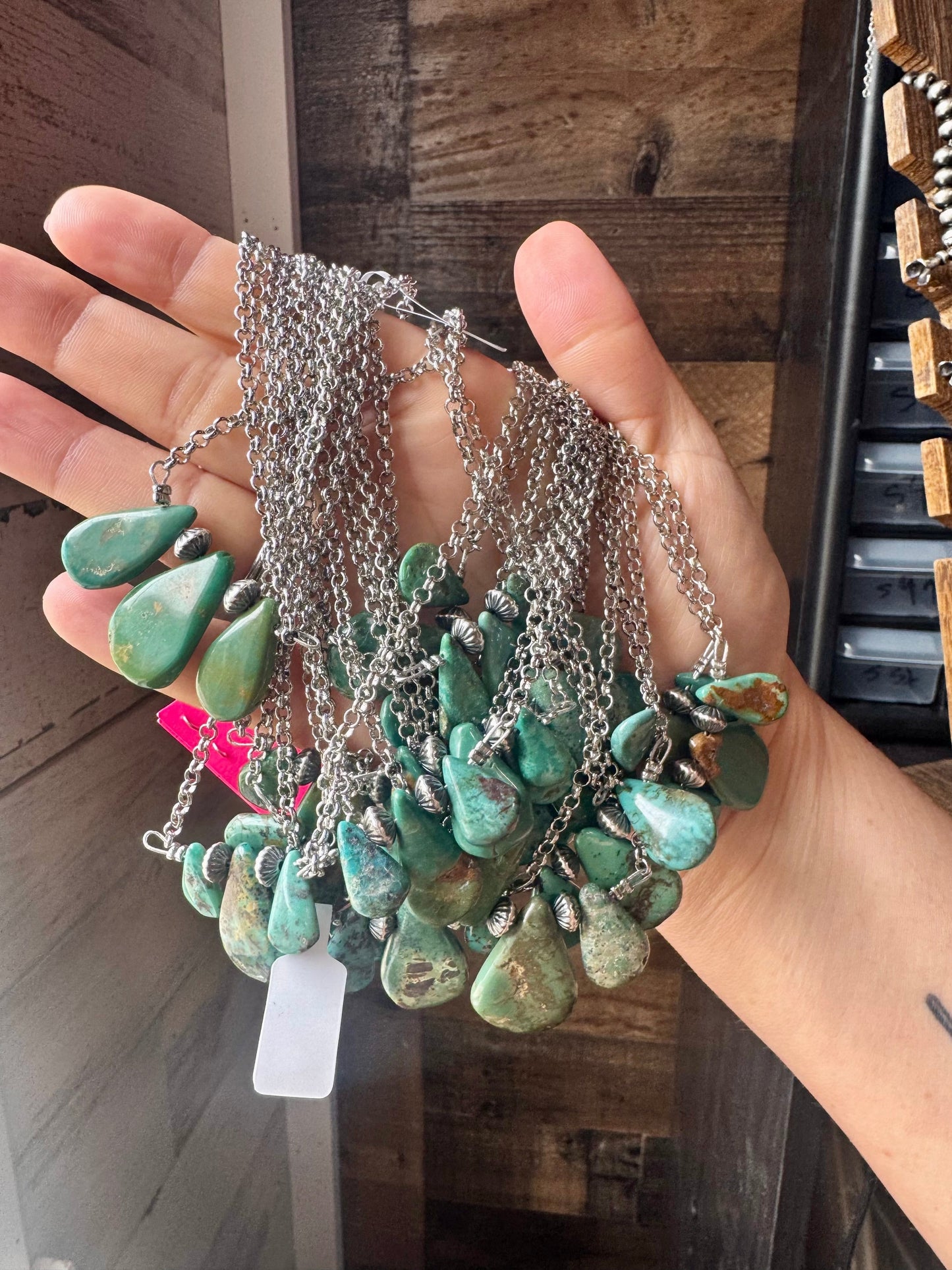 16-Inch Green Turquoise Necklace with Sterling Silver Pearls