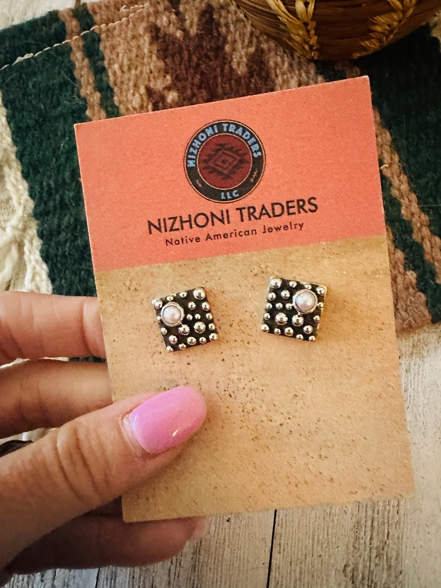 Navajo Sterling Silver & Natural Pearl Square Stud Earrings Signed