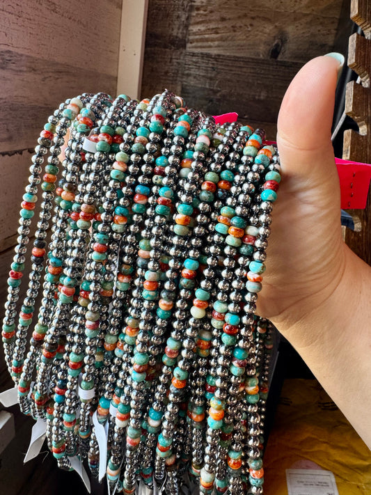 18-Inch Sterling Silver Pearl Necklace – Mixed Turquoise & Spiny Oyster (5mm)