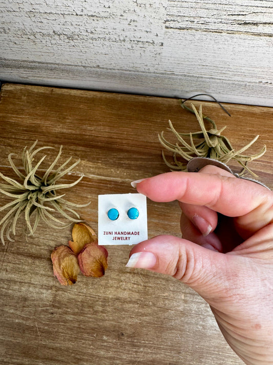 Stud Earrings – Kingman Turquoise – Sterling Silver – Handmade by Mary Ann Neha, Zuni Artist