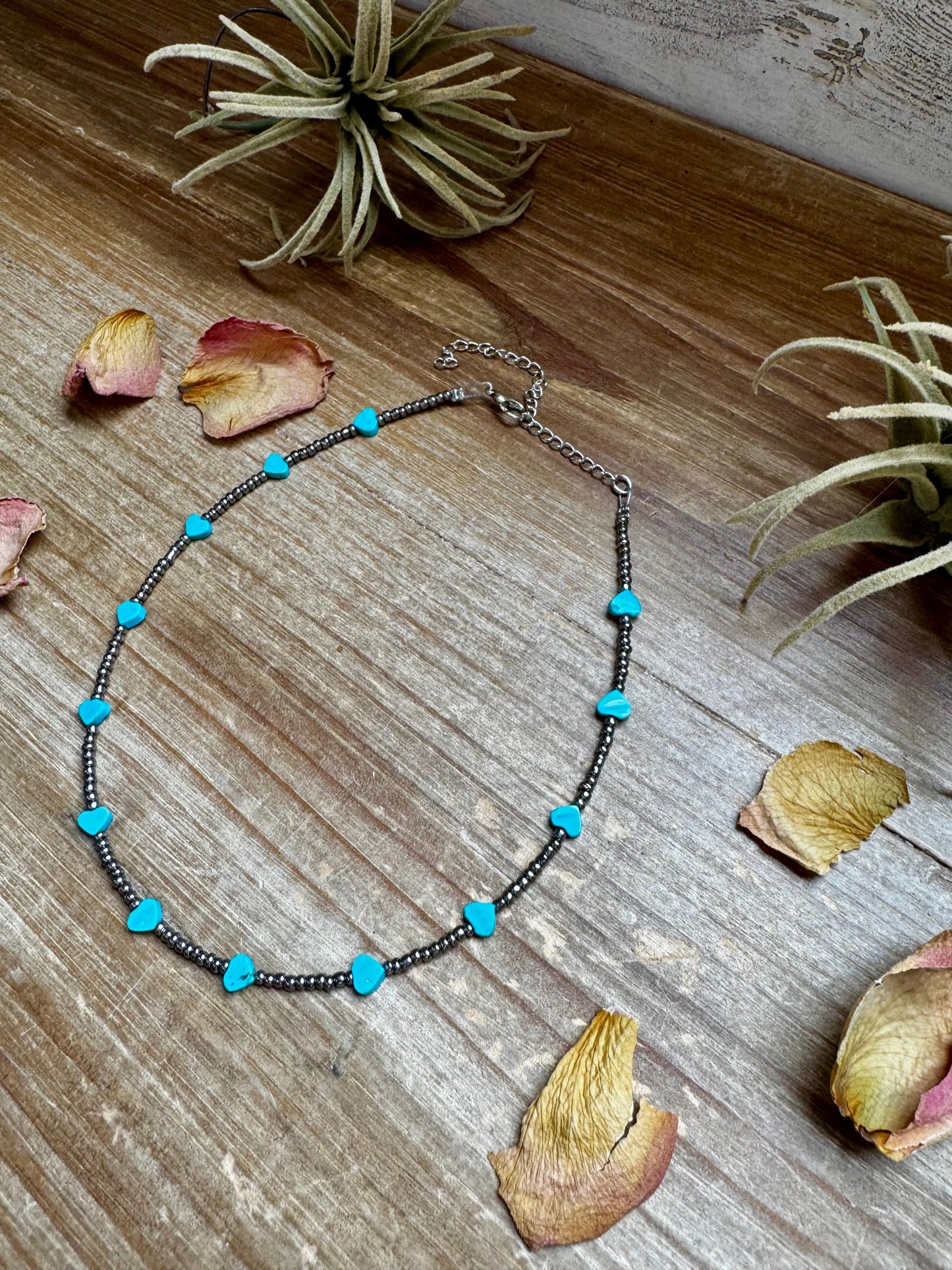 14-Inch Antique Silver Seed Bead Necklace with Turquoise Heart