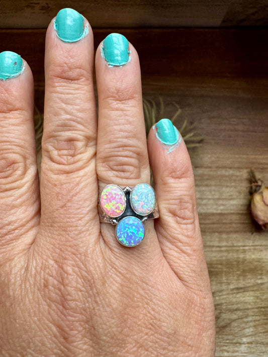 Adjustable Opal Ring – White, Blue & Pink Opal in Sterling Silver
