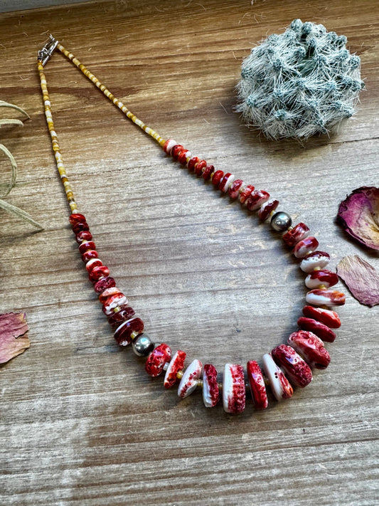 22 Inch red spiny and sterling silver pearls