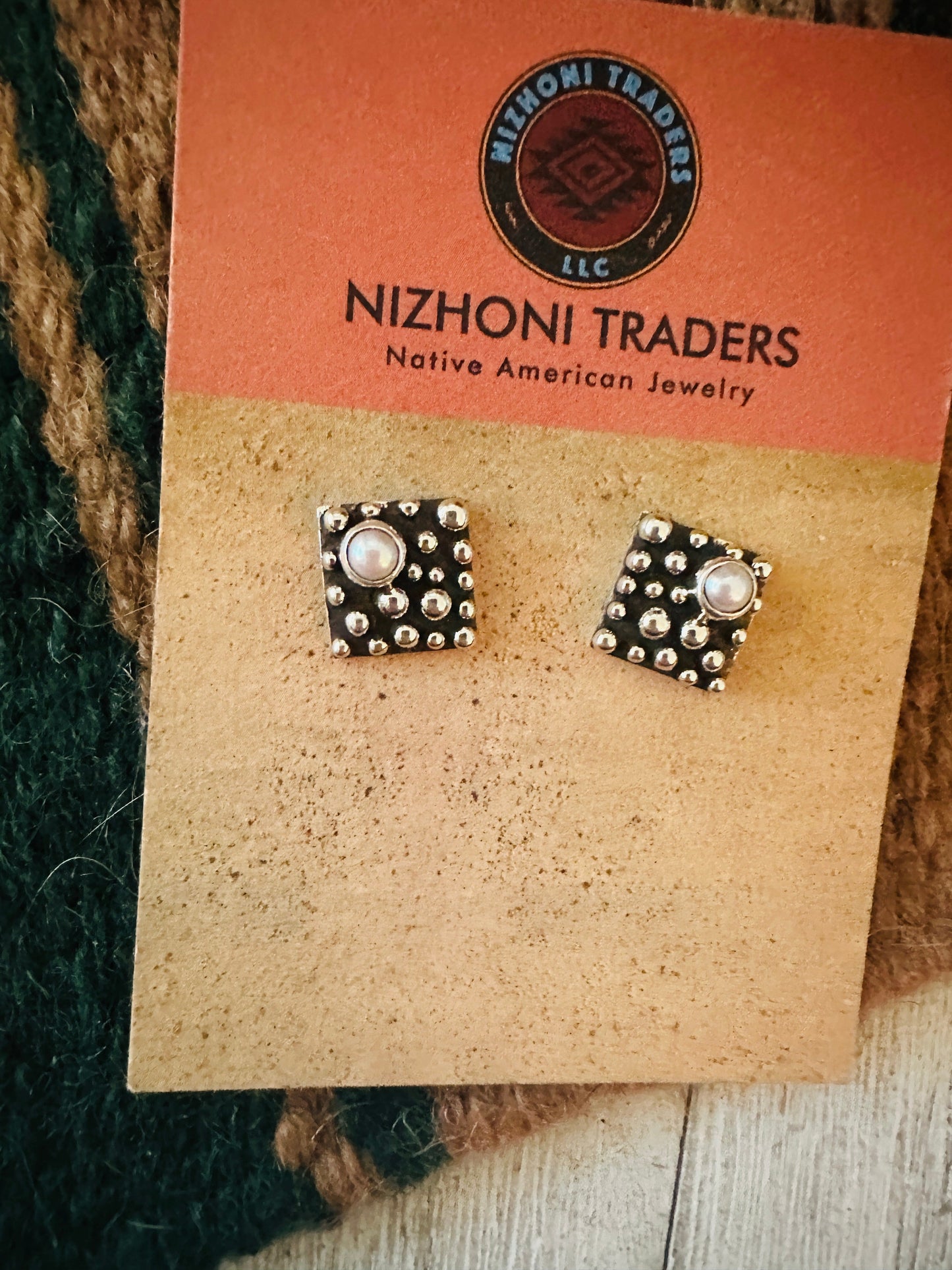 Navajo Sterling Silver & Natural Pearl Square Stud Earrings Signed