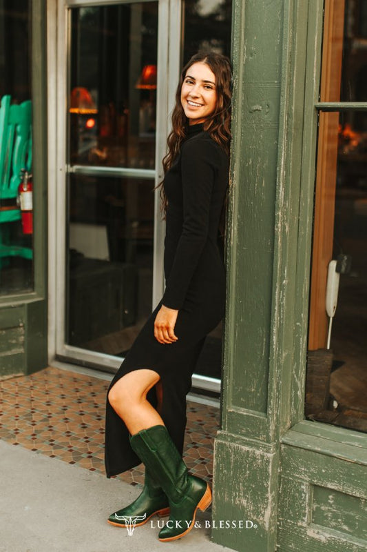 Black Ribbed Long Sleeve Turtle Neck Dress W Slit Hem