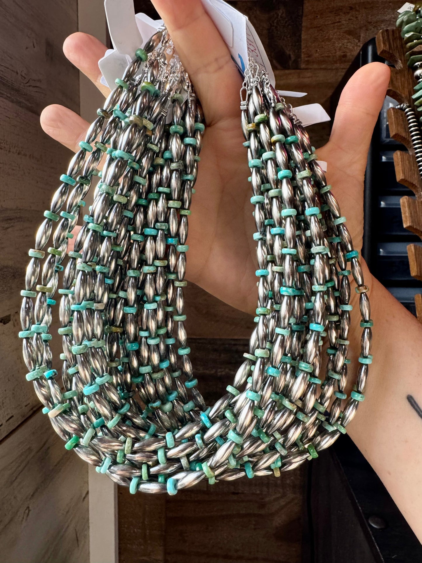 14-Inch Sterling Silver Torpedo & Blue/Green Mexican Turquoise Choker