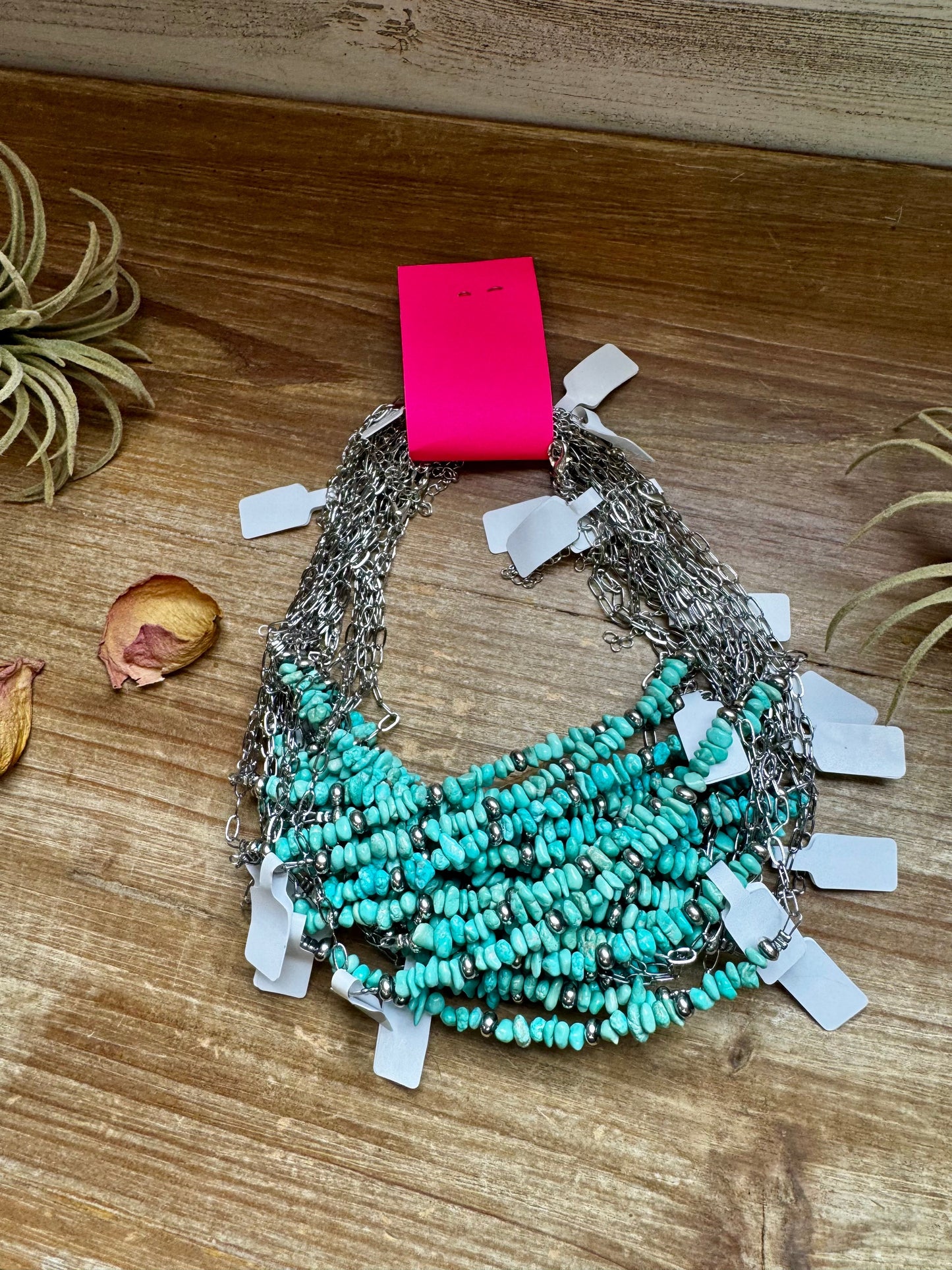 15-Inch Paperclip Chain Necklace with Blue Turquoise Nugget & Sterling Saucer Pearls