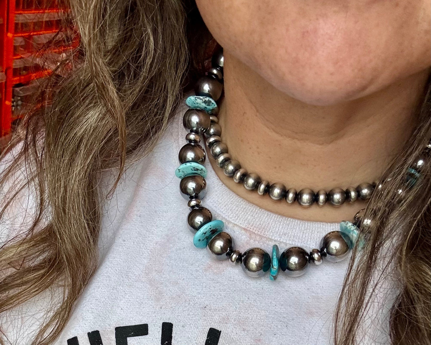 17-Inch Statement Necklace with 16mm Sterling Pearls & Blue Turquoise Heish