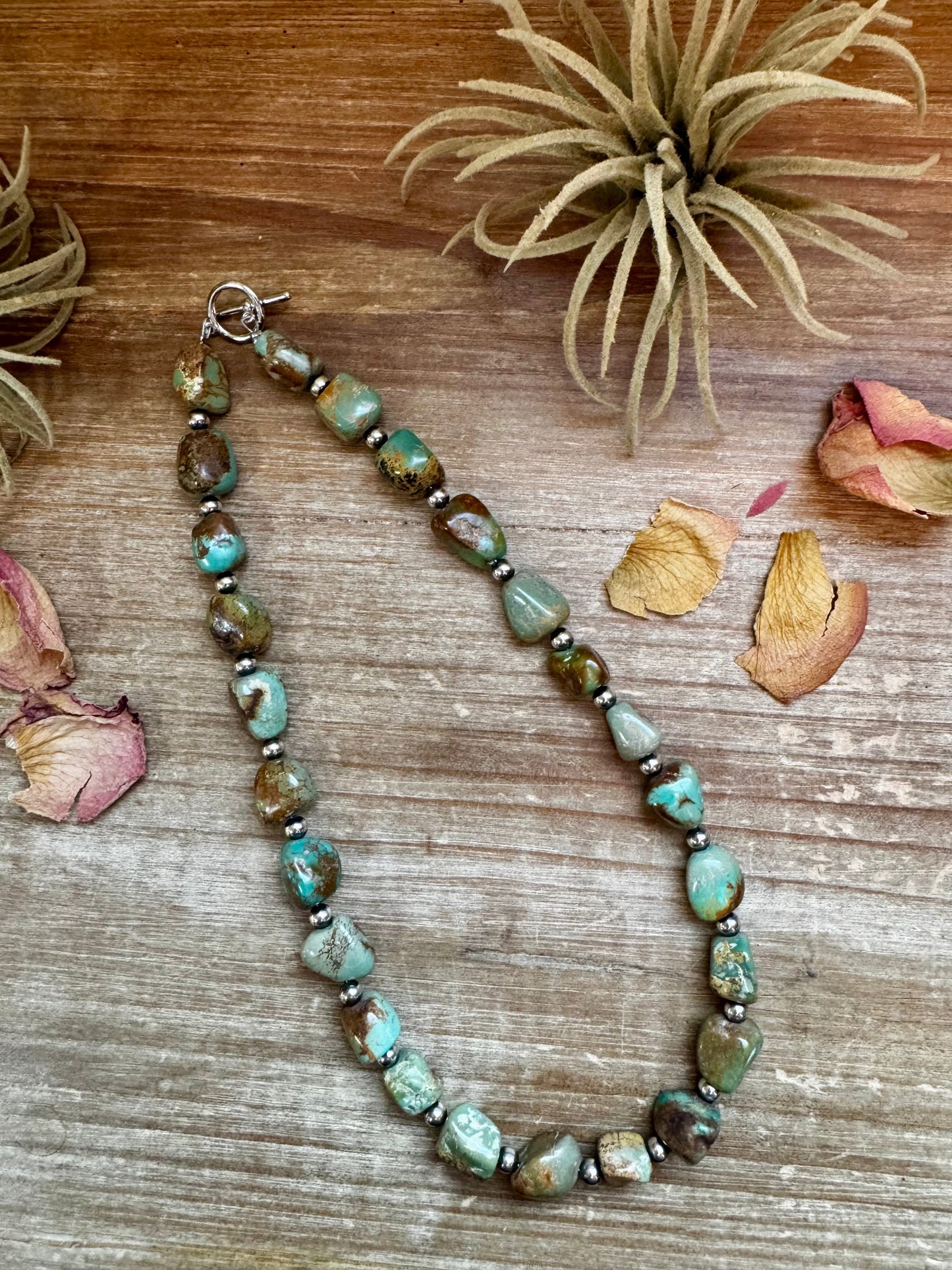 18-Inch Chunky Turquoise Nugget Necklace with Sterling Silver Pearls