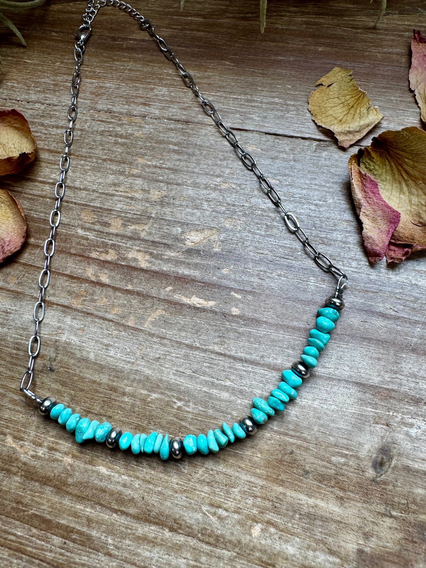 15-Inch Paperclip Chain Necklace with Blue Turquoise Nugget & Sterling Saucer Pearls