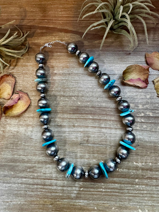 17-Inch Statement Necklace with 16mm Sterling Pearls & Blue Turquoise Heish