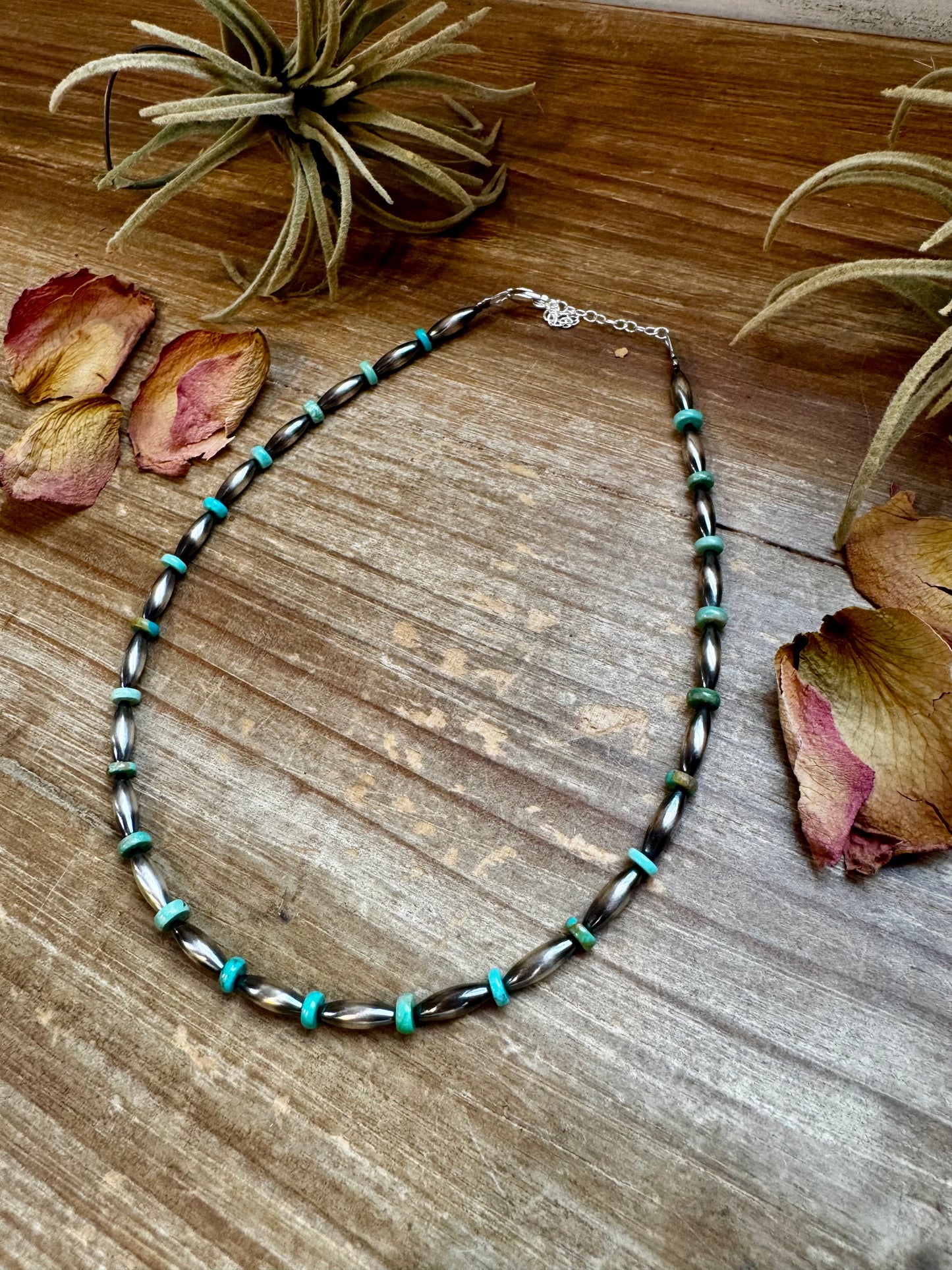 14-Inch Sterling Silver Torpedo & Blue/Green Mexican Turquoise Choker