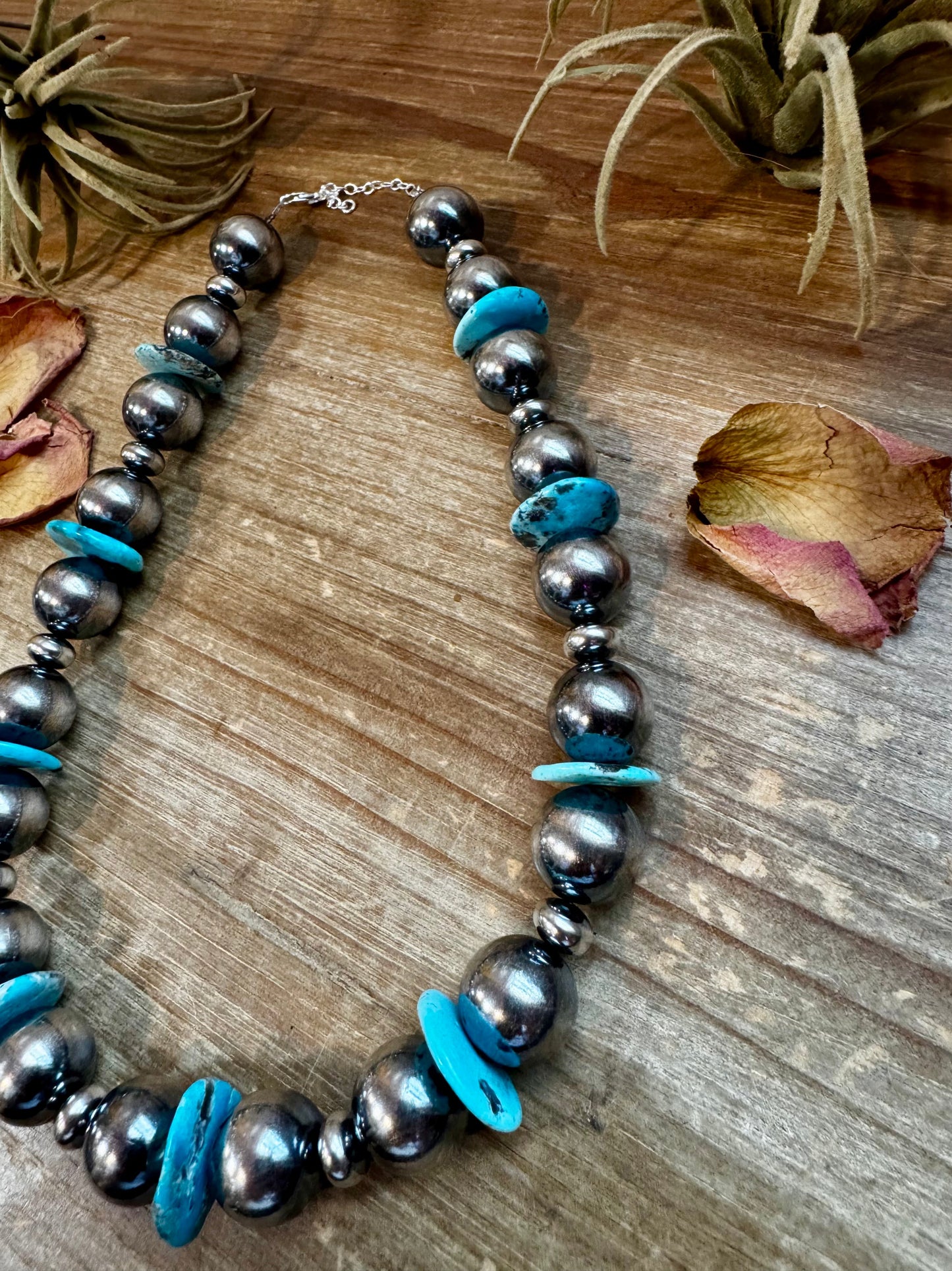 17-Inch Statement Necklace with 16mm Sterling Pearls & Blue Turquoise Heish