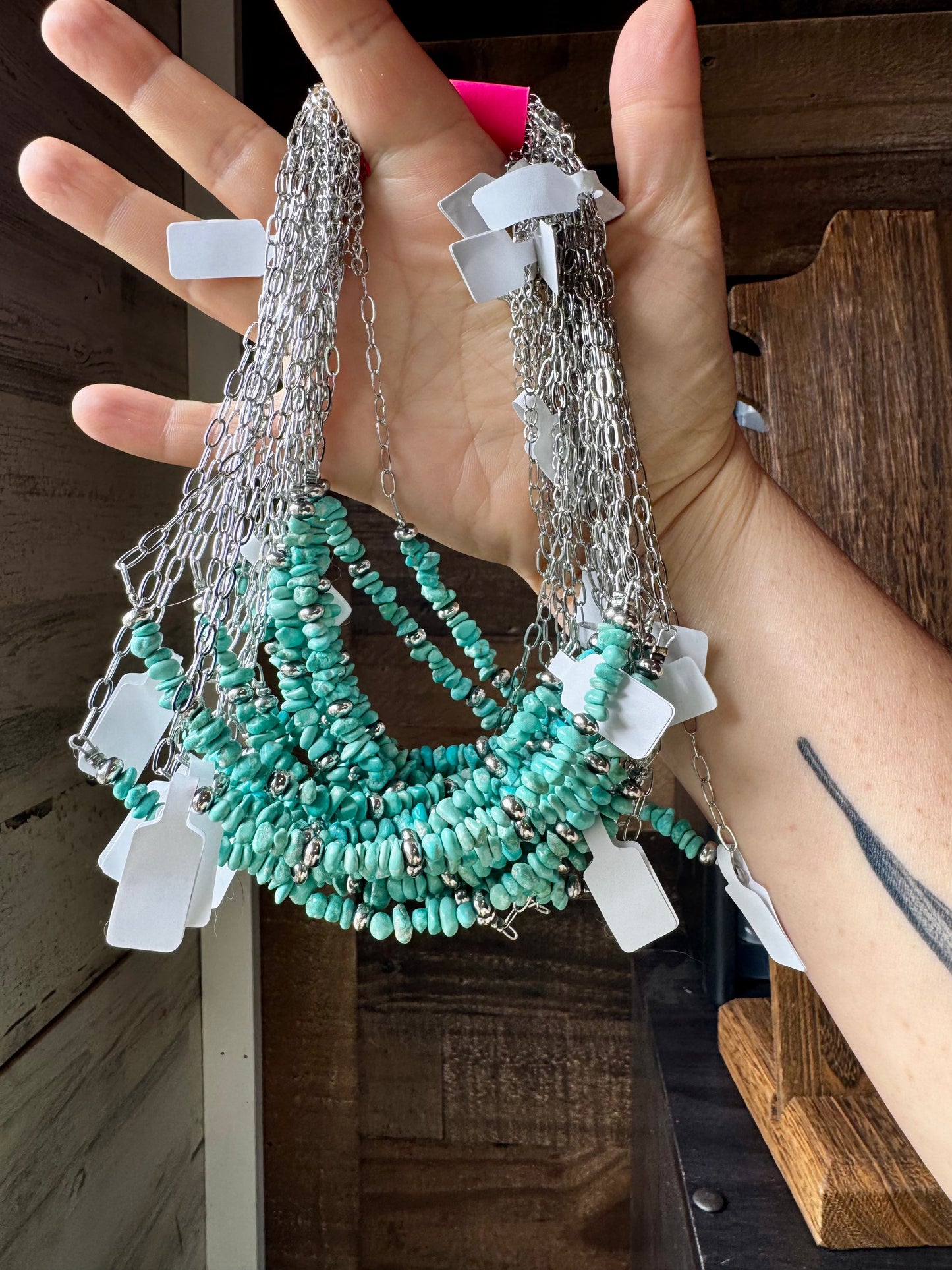 15-Inch Paperclip Chain Necklace with Blue Turquoise Nugget & Sterling Saucer Pearls