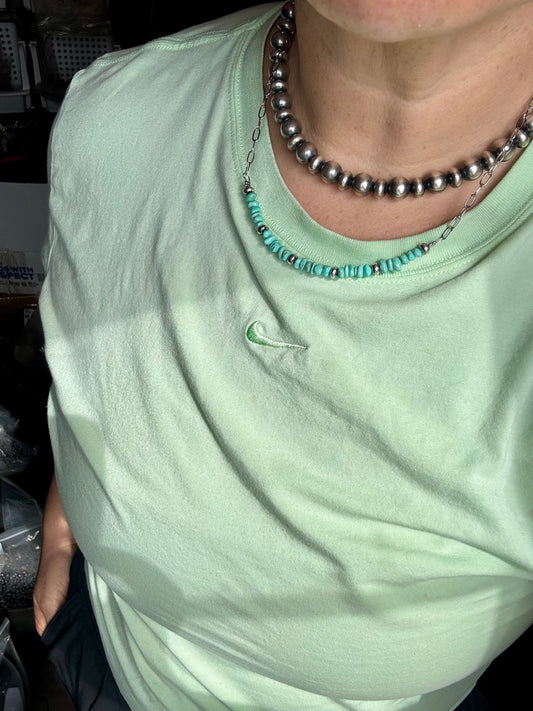 15-Inch Paperclip Chain Necklace with Blue Turquoise Nugget & Sterling Saucer Pearls