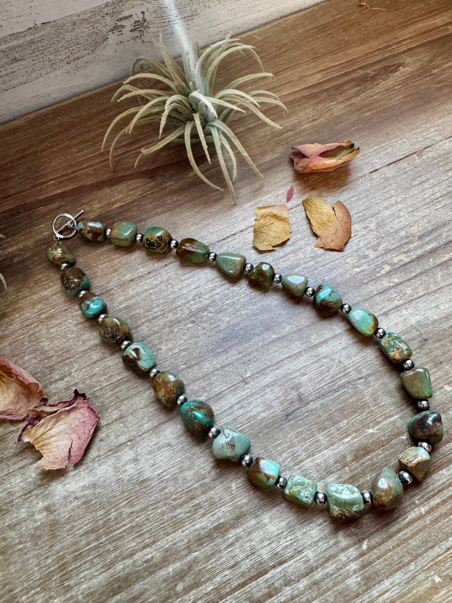 18-Inch Chunky Turquoise Nugget Necklace with Sterling Silver Pearls