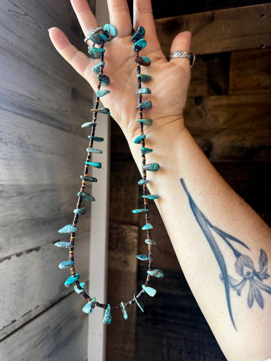 24 inch long shell and turquoise necklace