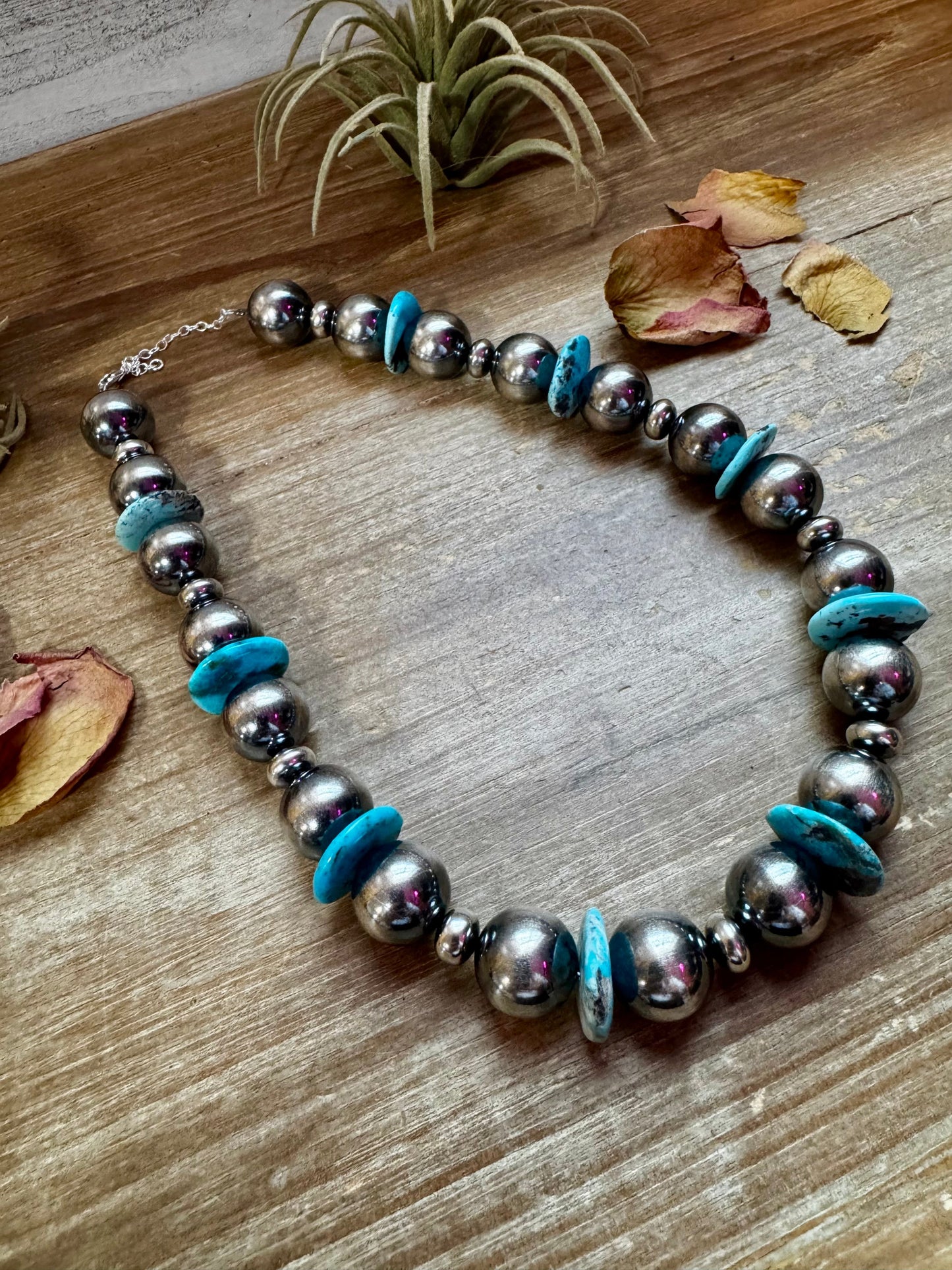 17-Inch Statement Necklace with 16mm Sterling Pearls & Blue Turquoise Heish