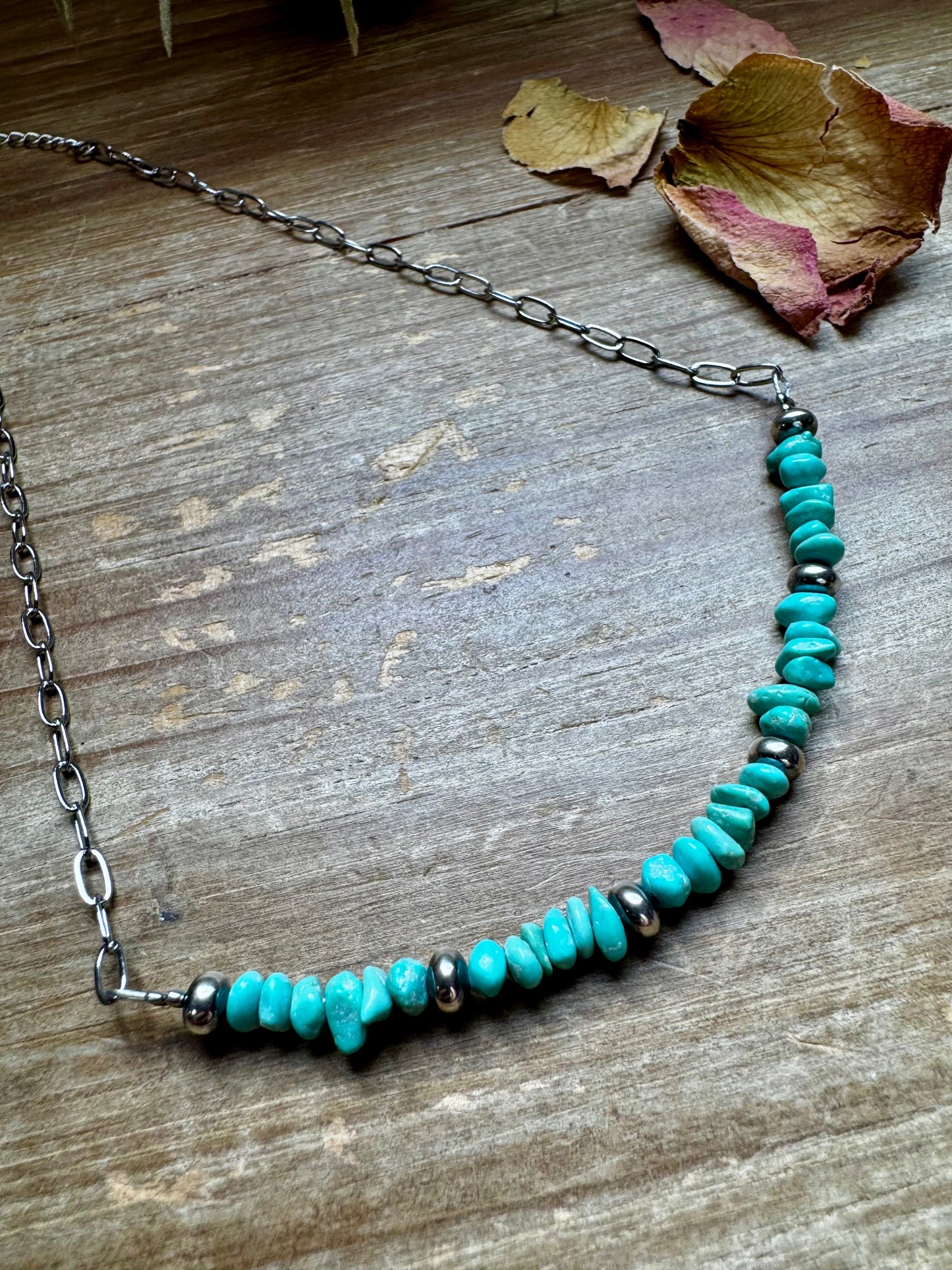 15-Inch Paperclip Chain Necklace with Blue Turquoise Nugget & Sterling Saucer Pearls