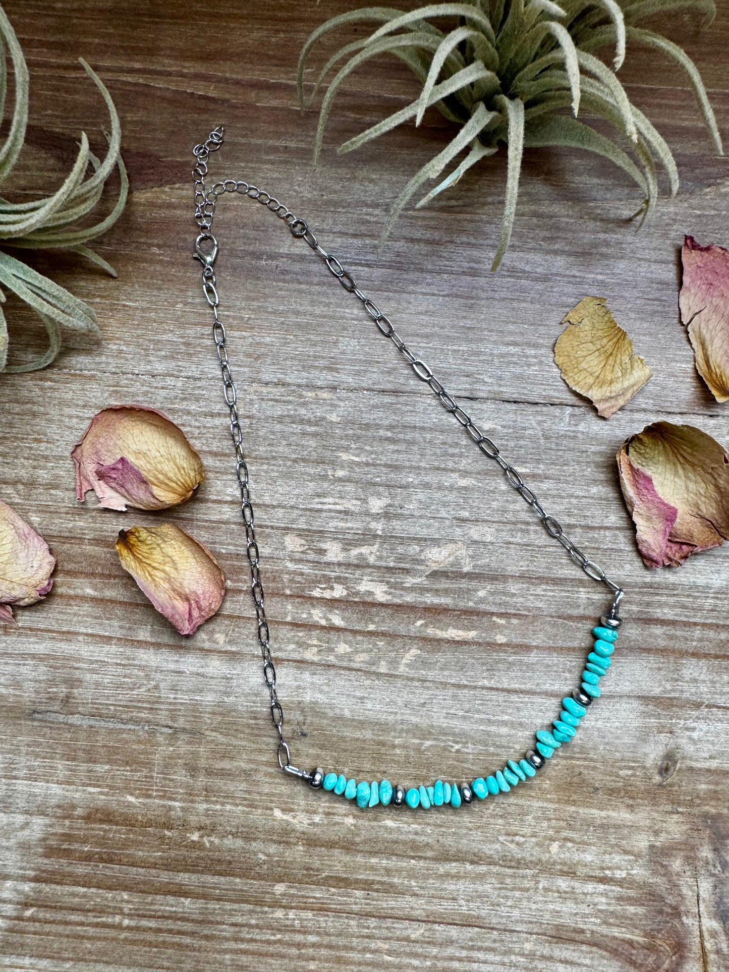 15-Inch Paperclip Chain Necklace with Blue Turquoise Nugget & Sterling Saucer Pearls