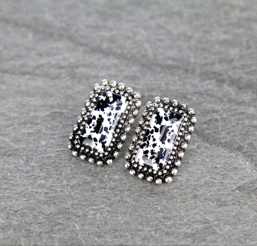 Printed Rectangle Stone Bubble Dangle Earrings