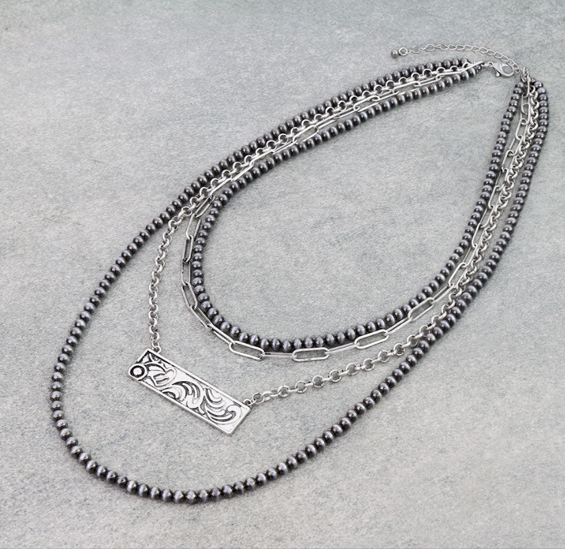 4 Layered Style Pearl with Bar Necklace