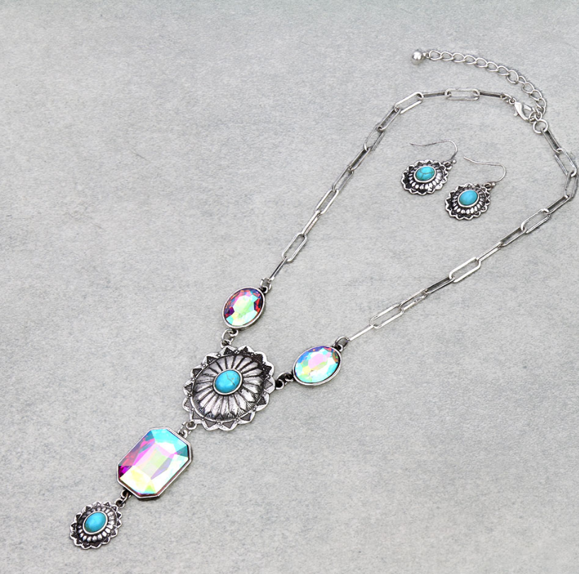 Western Concho Stone Y Necklace Set