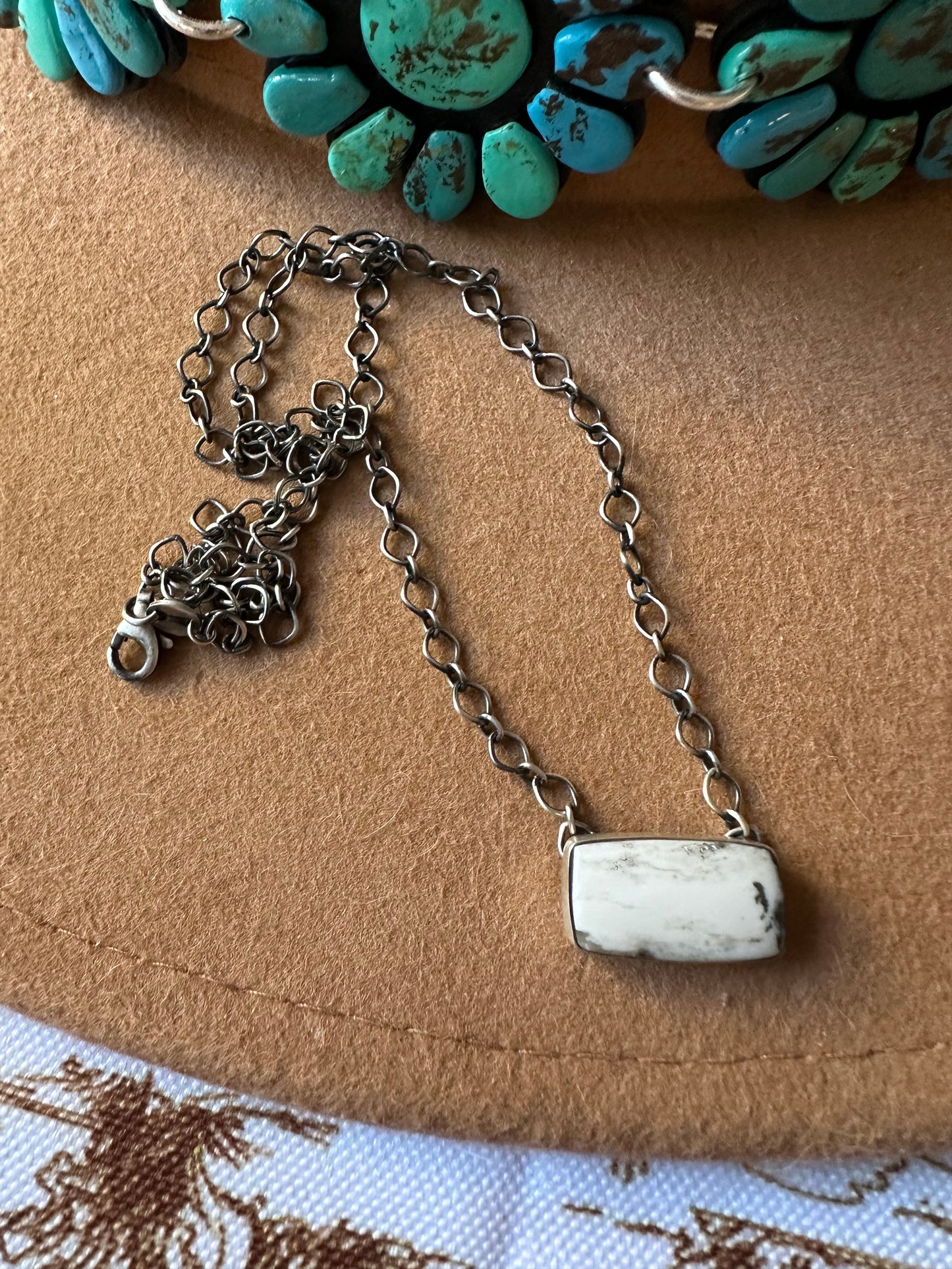 Navajo Sterling Silver & White Buffalo Bar Necklace Signed