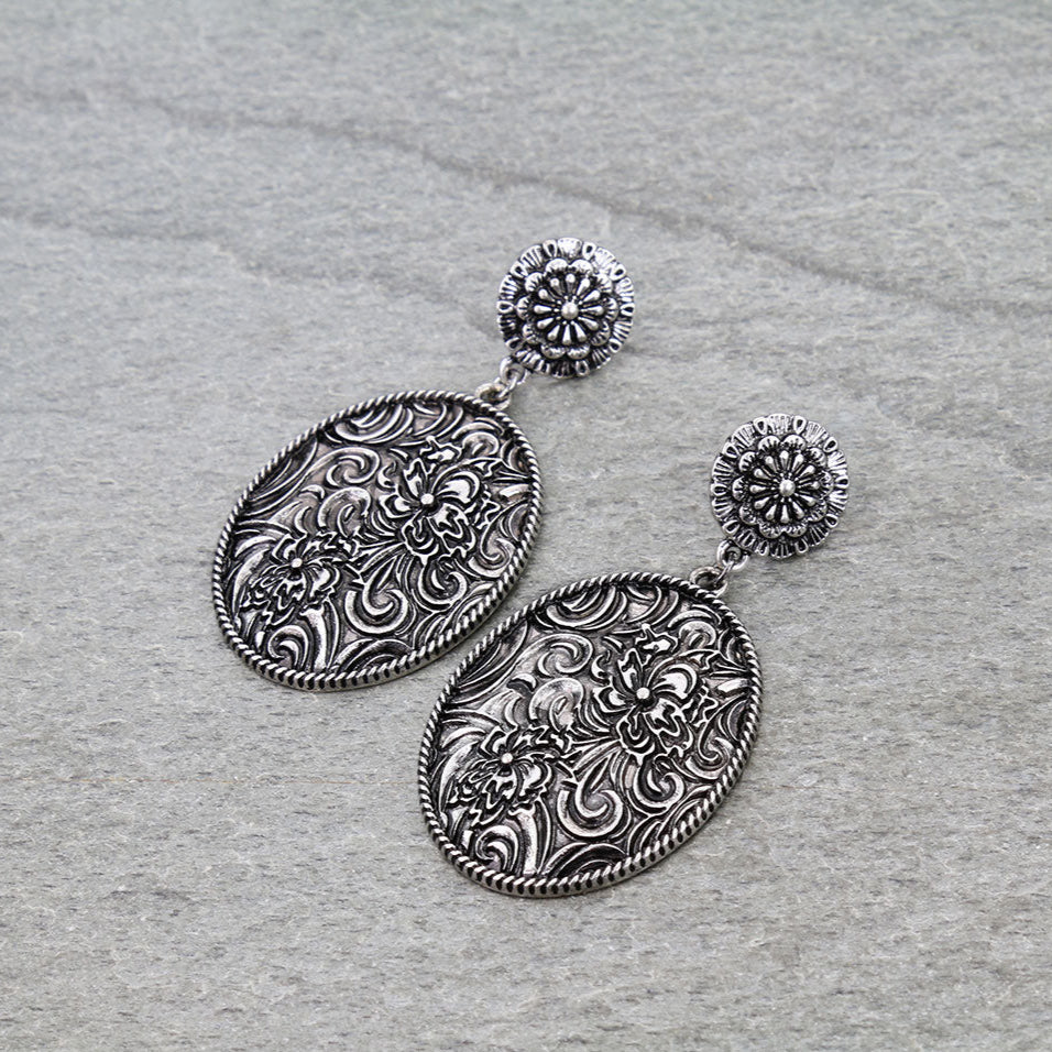 Western Flower Etched Oval Stud Earrings