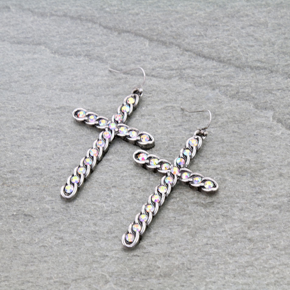 Western Chain Cross Stone Dangle Earrings