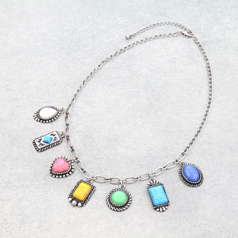 Western Semi Stone Multi Charm Necklace