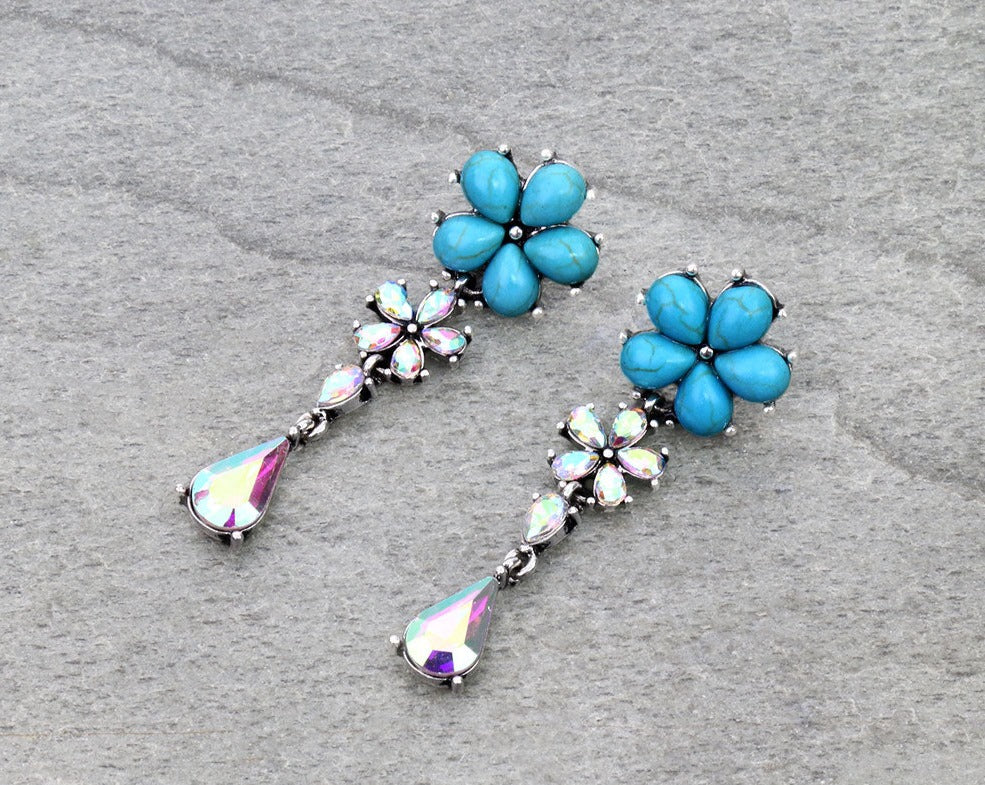 Flower Stone Drop Stud Earrings
