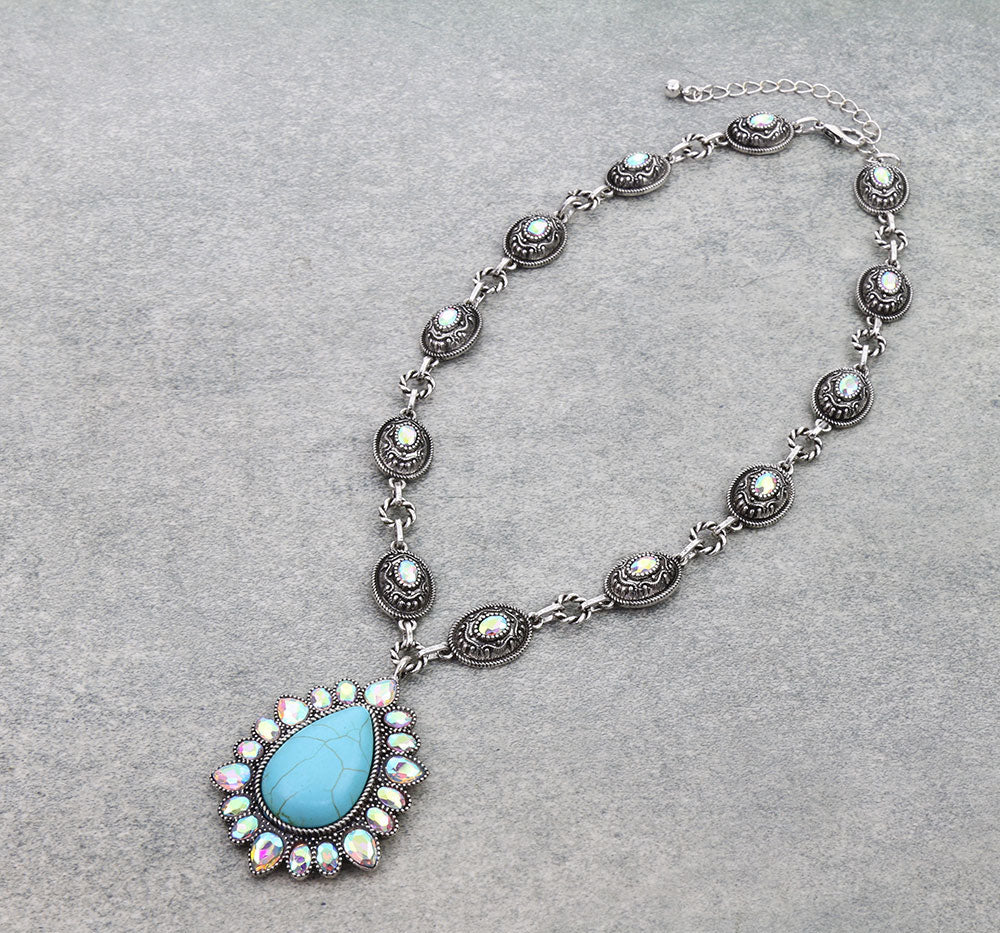 Western Teardrop Concho Stone Necklace