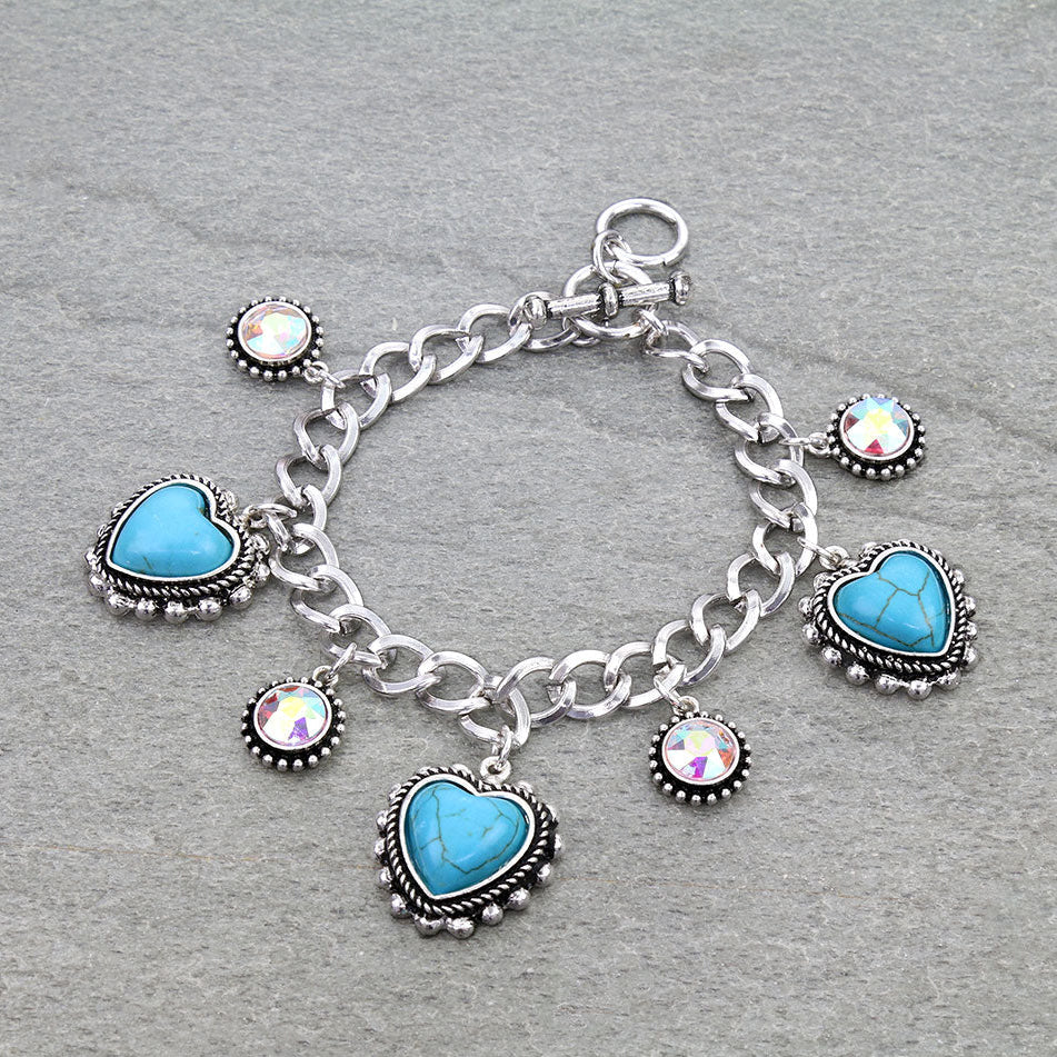 Heart Stone Multi Charm Toggle Bracelet