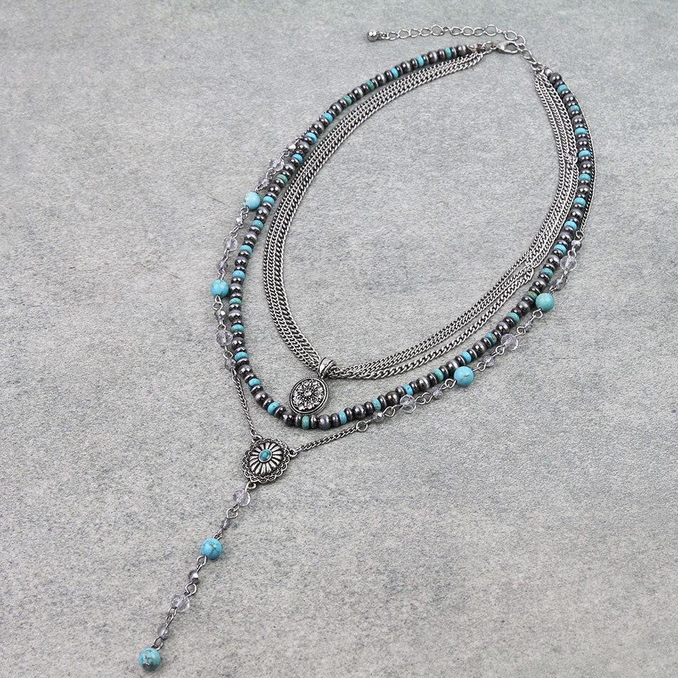 3 Layered Western Concho Y Necklace