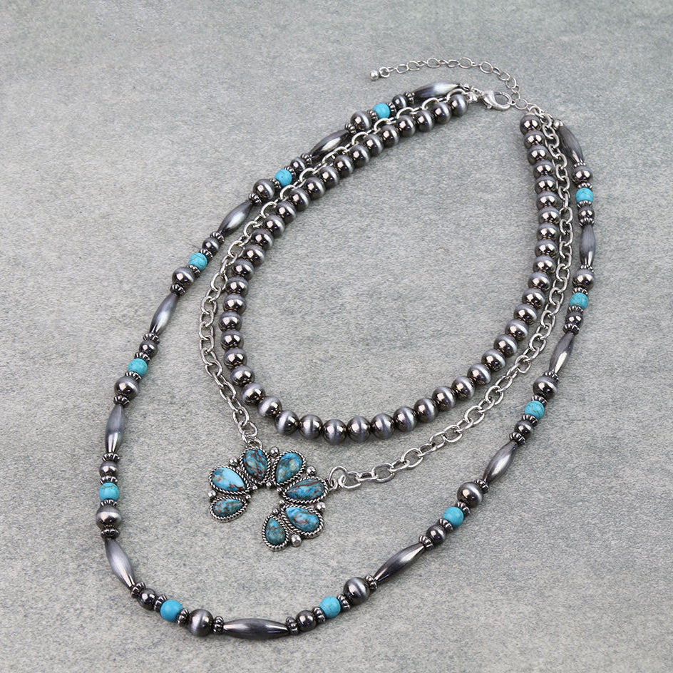 3 Layered Western Squash Blossom Stone Necklace