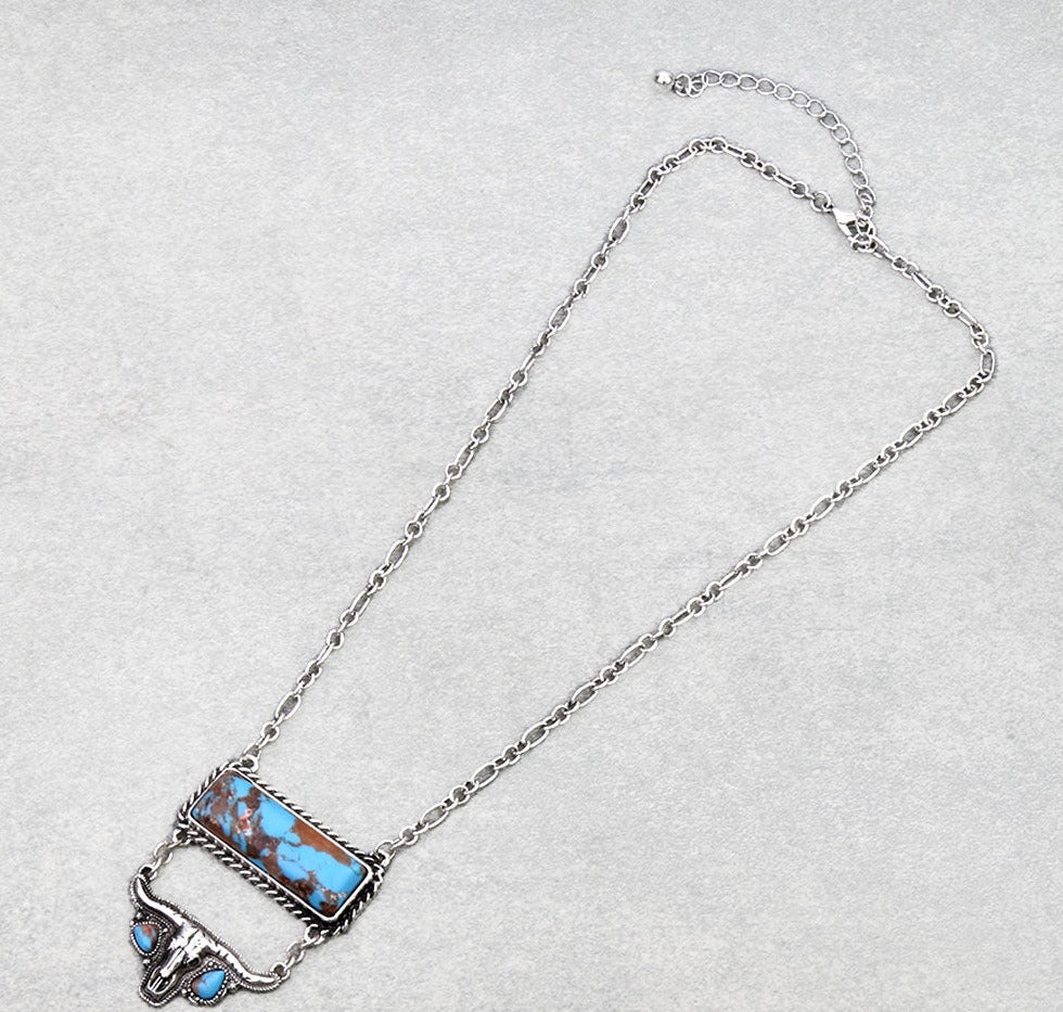 Western Steer Skull Bar Stone Necklace