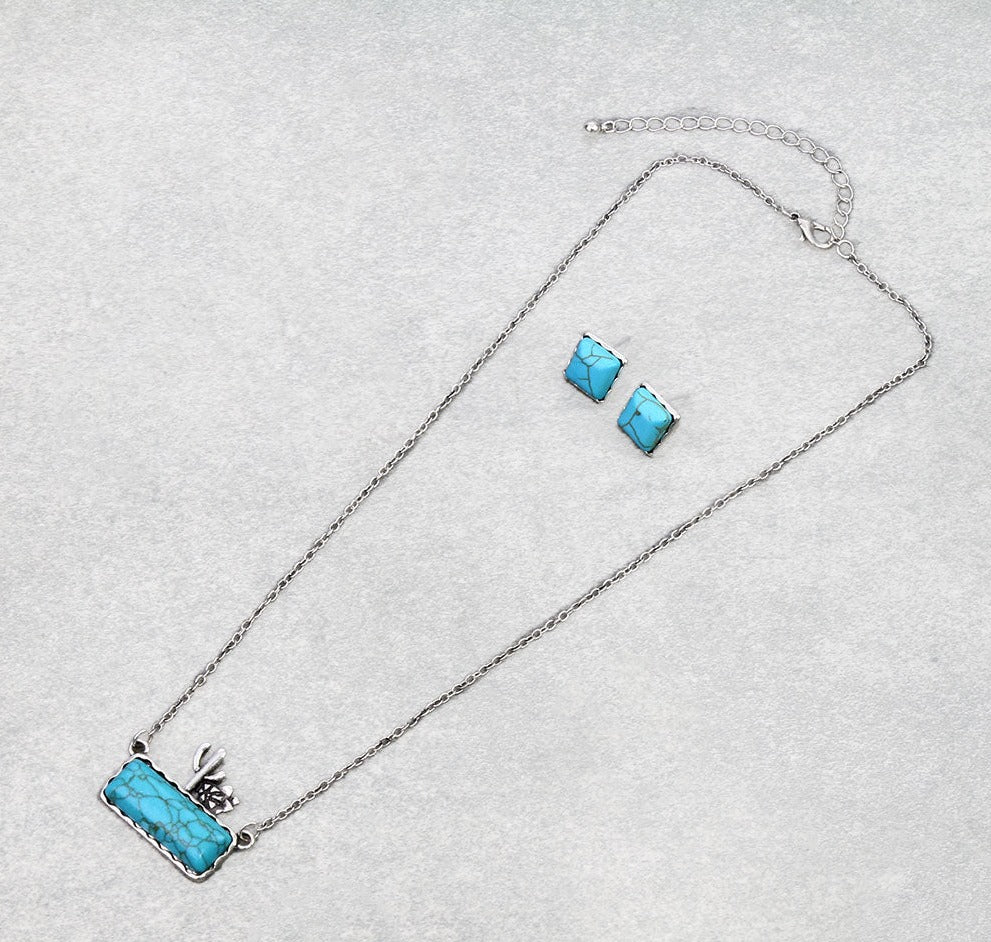 Western Cactus Rectangle Stone Necklace Set