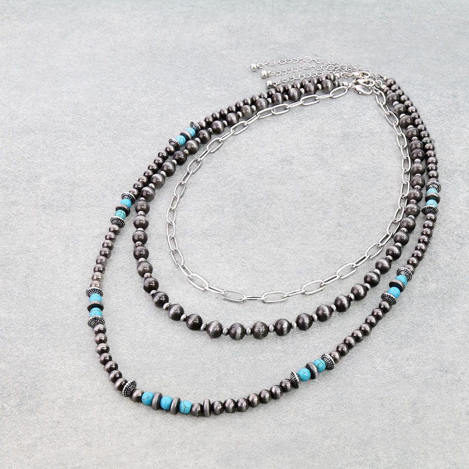 3 Layer Pearl, Bead & Chain Necklace