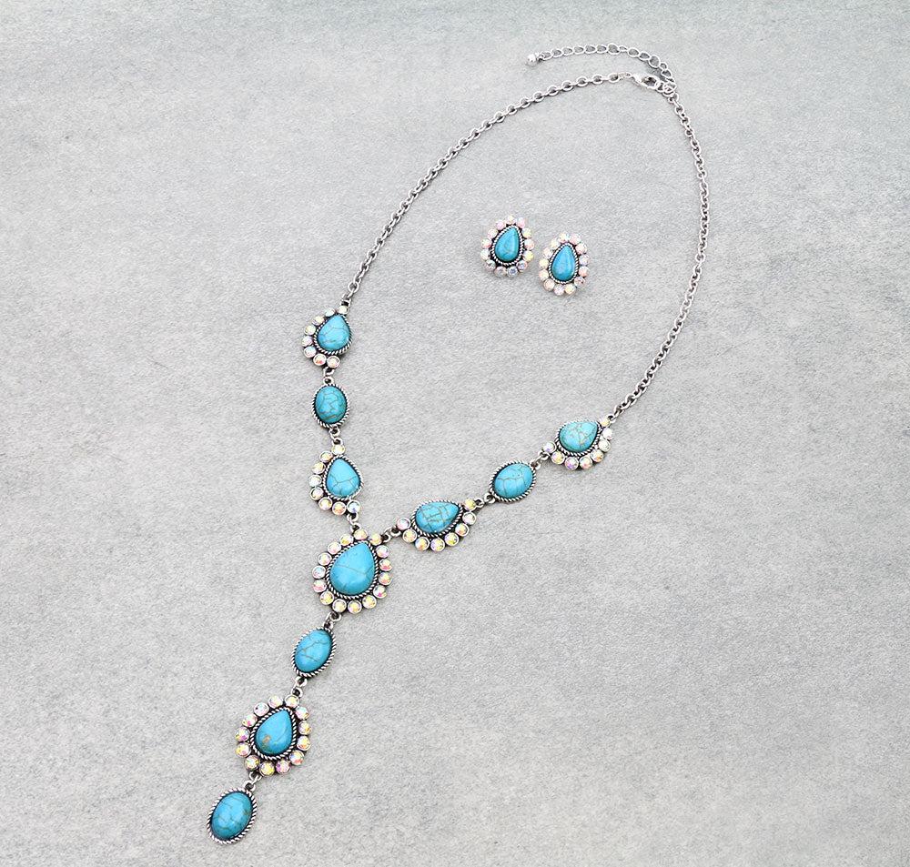 Western Teardrop Stone Y Necklace Set